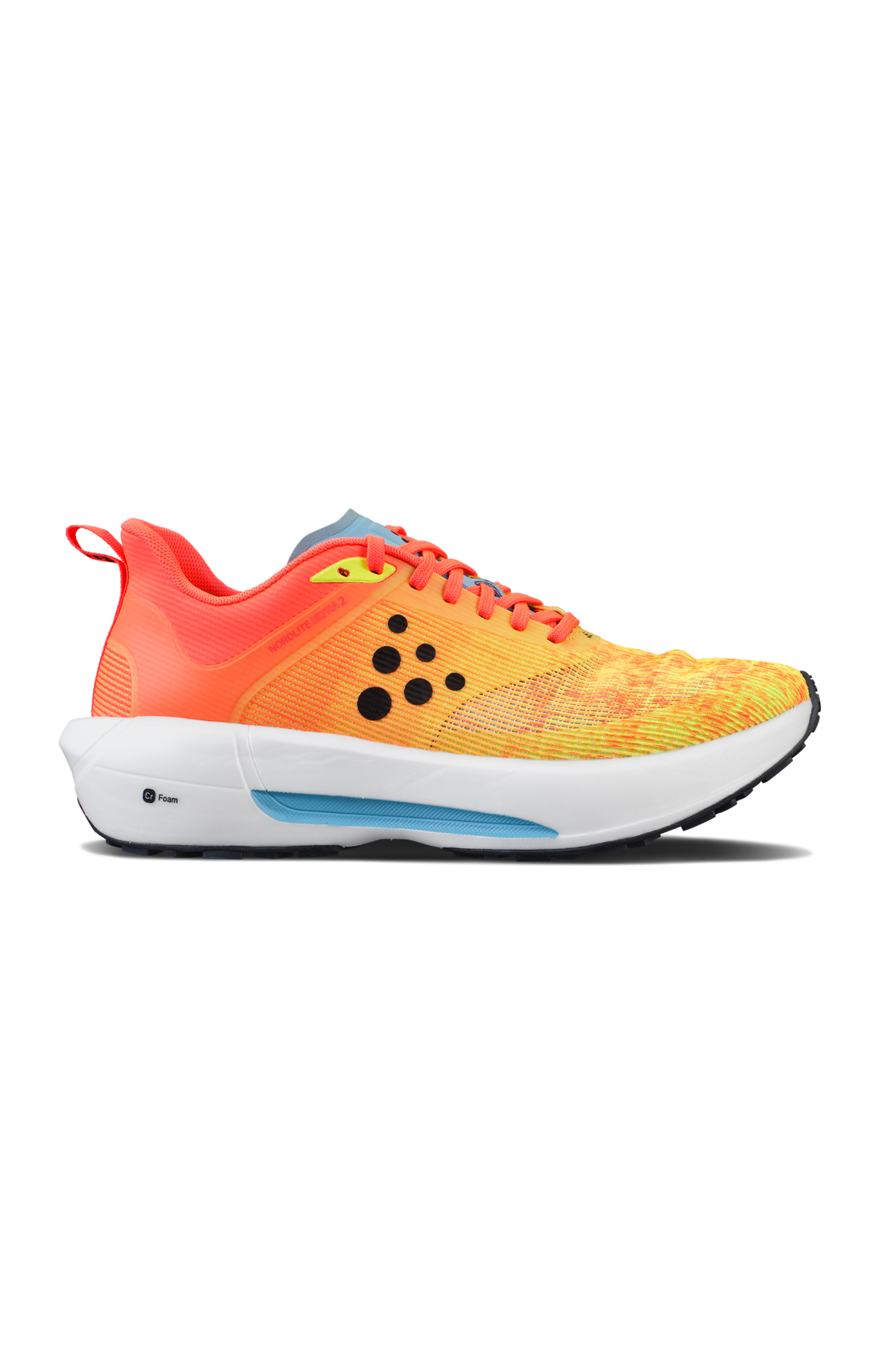 A bright orange and yellow Nordlite Ultra 2 running shoe with a white midsole sits on display, showcasing its lightweight design. 
