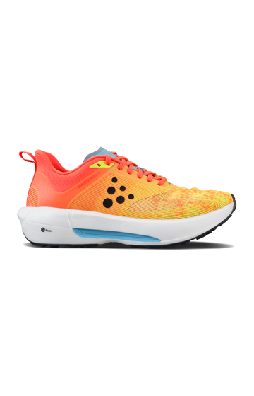 A bright orange and yellow Nordlite Ultra 2 running shoe with a white midsole sits on display, showcasing its lightweight design. 
