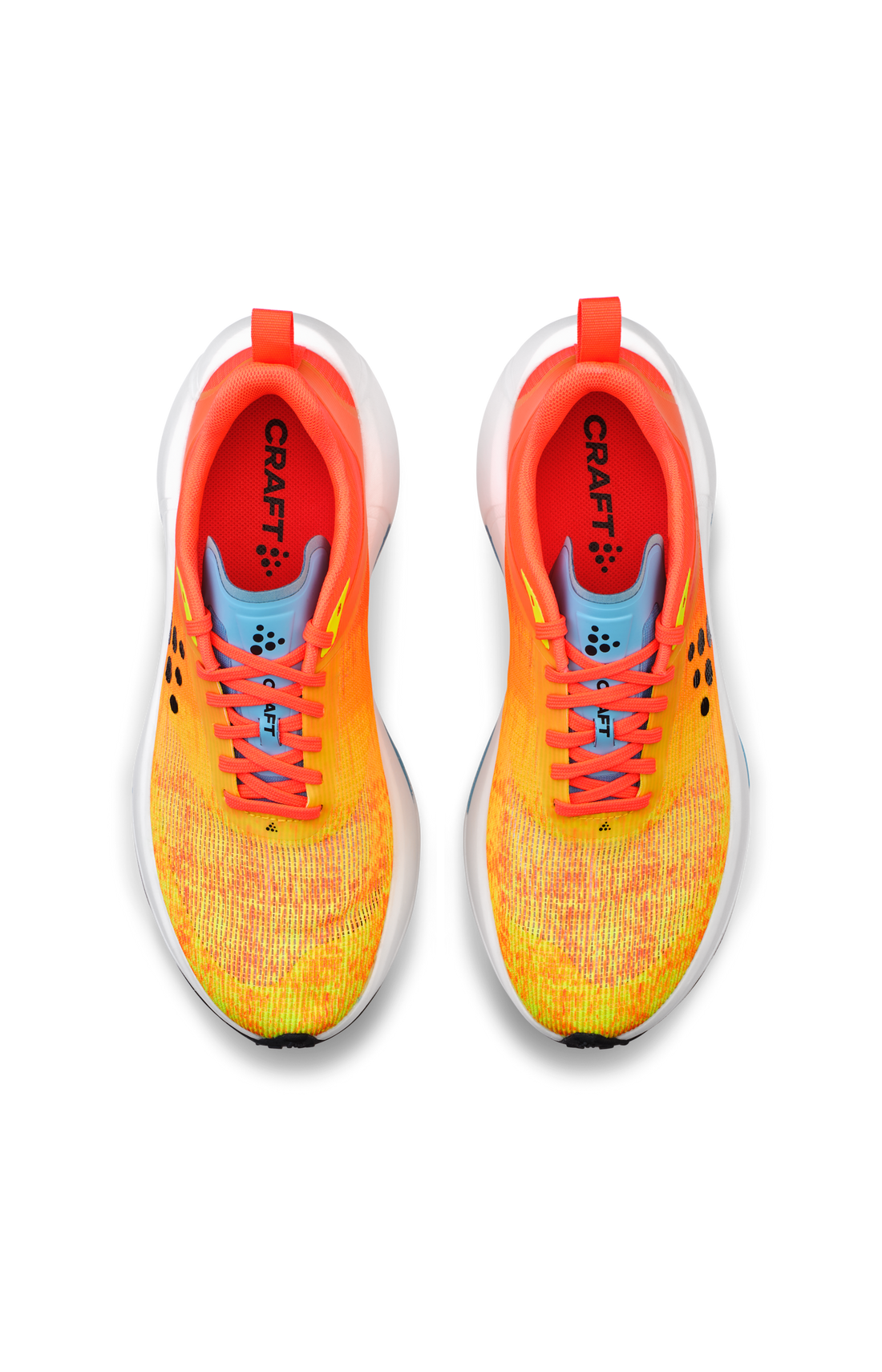 A bright orange and yellow Nordlite Ultra 2 running shoe with a white midsole sits on display, showcasing its lightweight design. 
