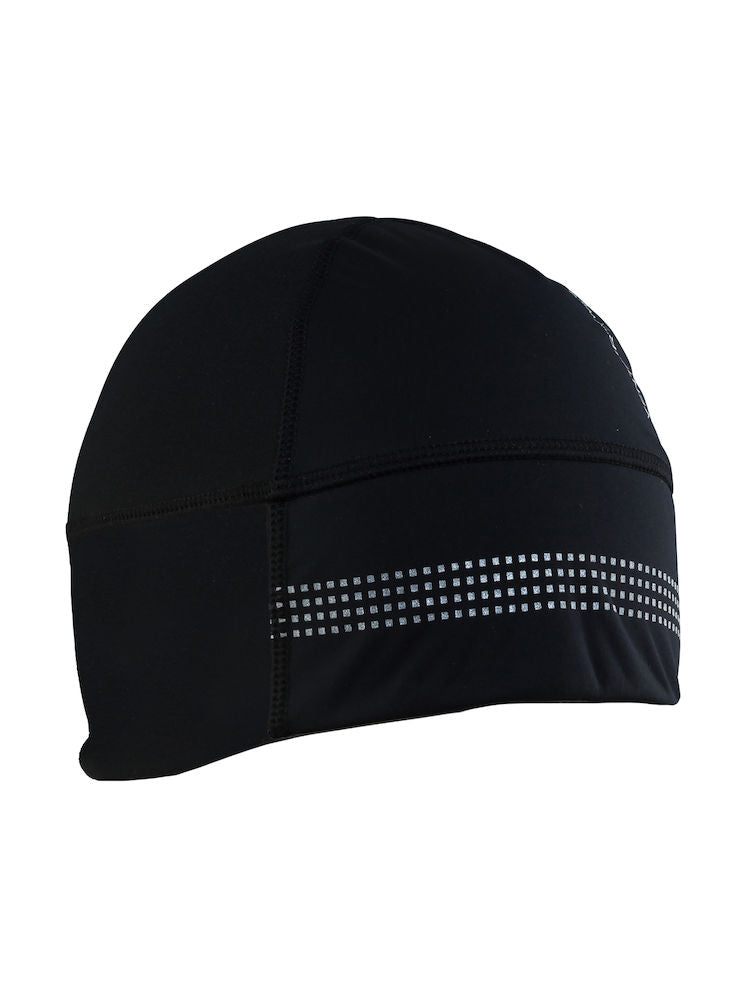 Black and neon yellow cycling skull cap with reflective detailing. 
