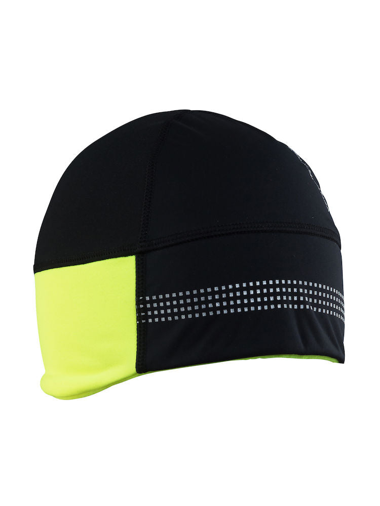 Black and neon yellow cycling skull cap with reflective detailing. 
